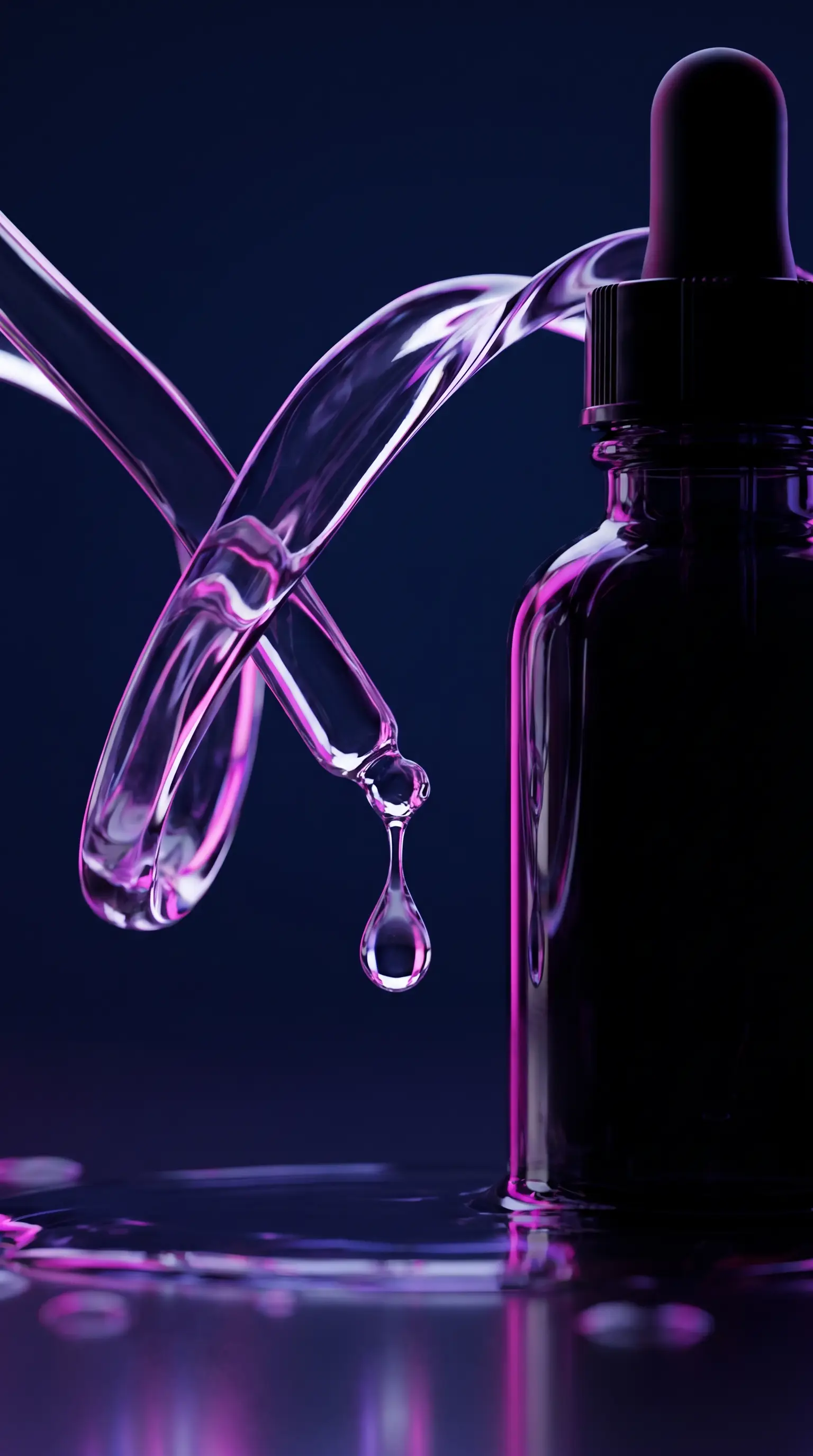 Macro glass serum dropper bottle in magenta neon rim light — spec ad concept.