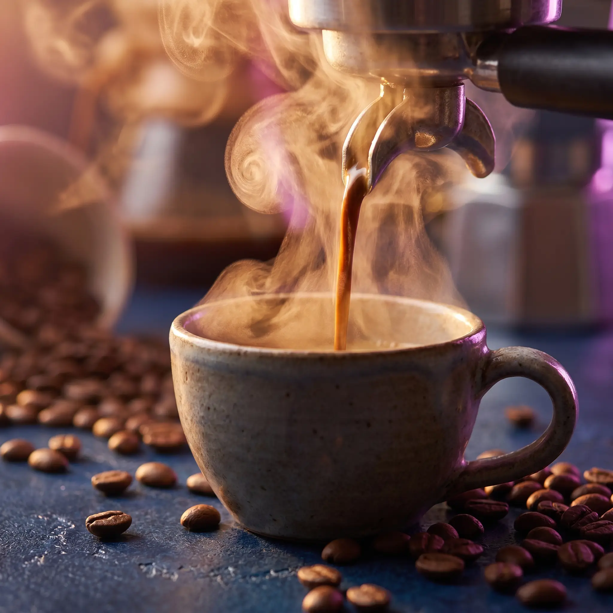Macro espresso pour into a ceramic cup with steam and beans — spec ad concept.