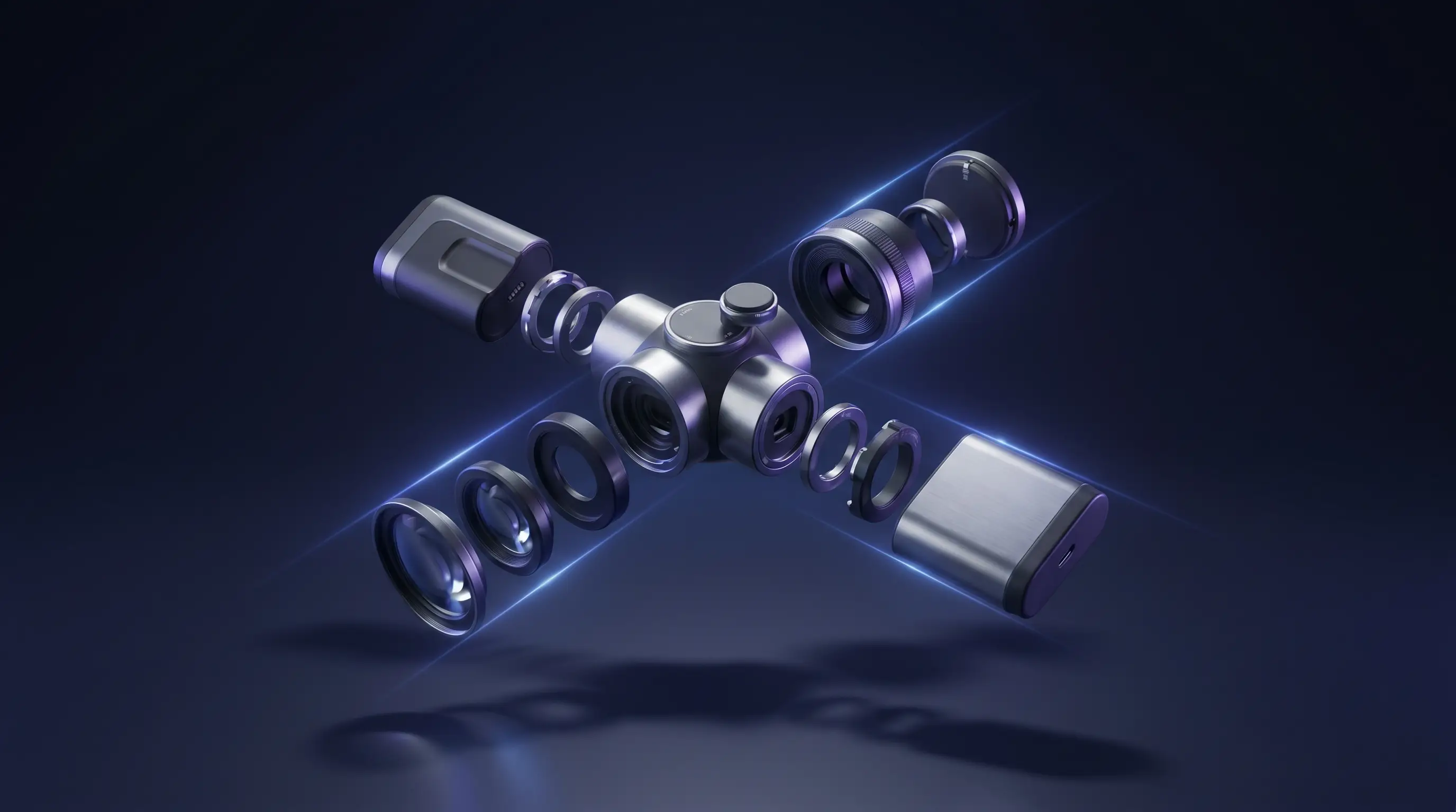 Sleek modular hardware in exploded view under cool indigo light — spec ad concept.