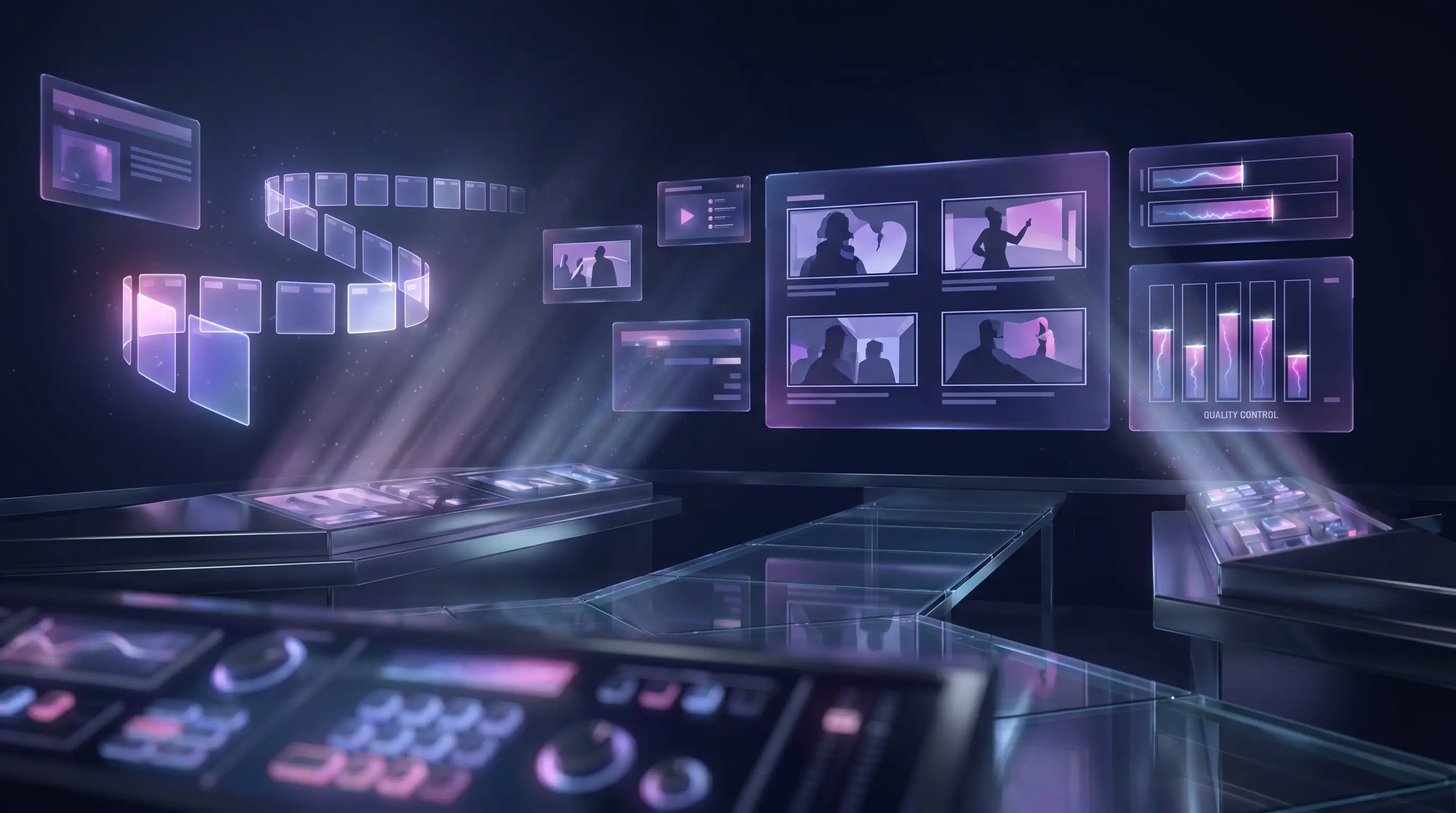 A futuristic film-production command room of floating holographic timeline and storyboard panels in neon light.